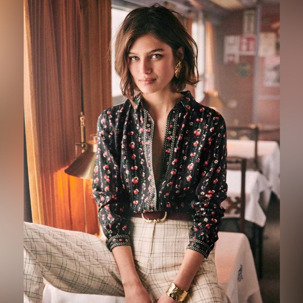Sezane Ann 100% Silk Shirt in Folk Vintage Flower Print